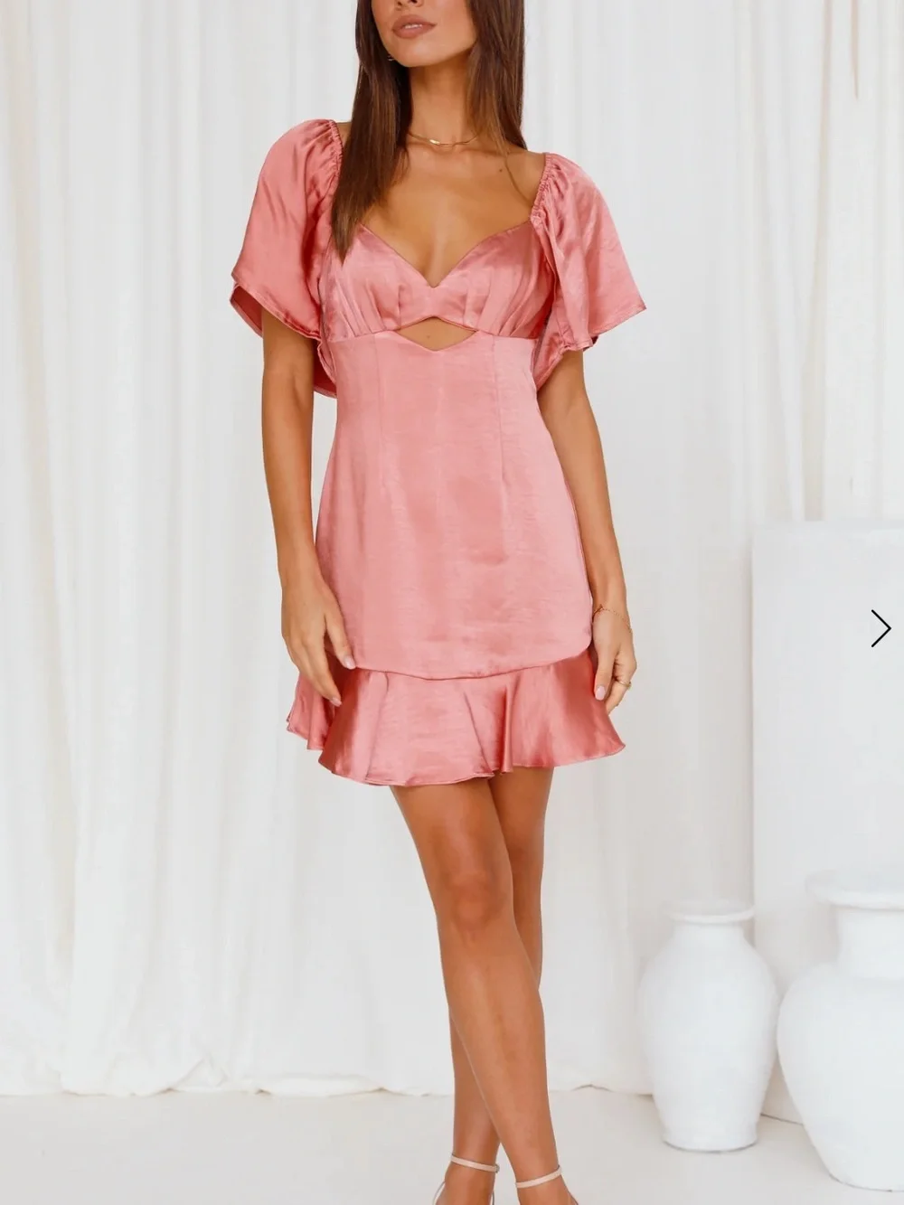 Hello Molly One Way Ticket Coral Slip Mini‎ Dress with Ruffle Detail and Cutouts